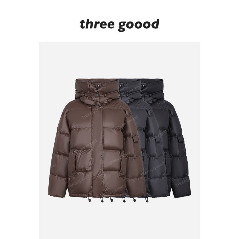 THREE GOOOD殷三吉 90白鸭绒云朵泡芙面包带帽保暖羽绒服