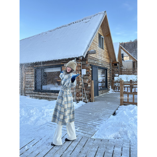 THREE GOOOD殷三吉 格子优质羊毛格纹韩版长款休闲大衣女毛呢外套