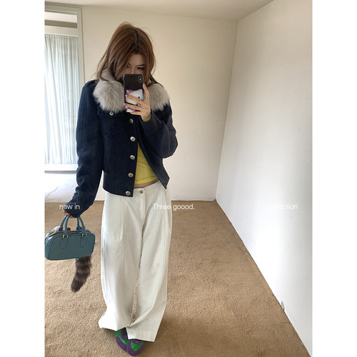 THREE GOOOD殷三吉 90白鸭绒狐狸毛领短款工装夹克羽绒服