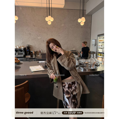 THREE GOOOD殷三吉 棉复古勺子满印花拼接裙子女小众设计感半身裙