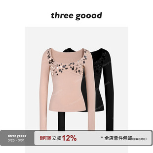 时尚 THREE T恤上衣女2025冬新款 亮片长袖 设计感内搭 GOOOD殷三吉