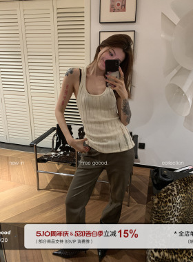 THREE GOOOD殷三吉 金属丝蛋白皮弹力直筒皮裤女修身显瘦休闲裤子