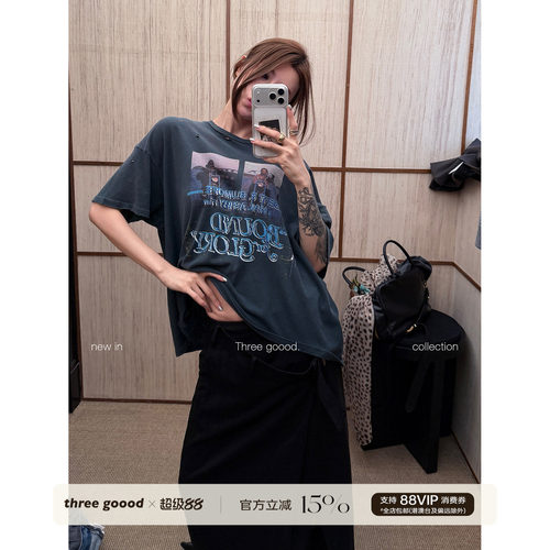 THREE GOOOD殷三吉 全棉美式做旧复古风斜肩宽松短袖印花短袖T恤
