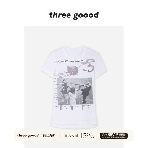 THREE GOOOD殷三吉 正肩修身T恤 小众美式艺术感人物玫瑰印花短袖