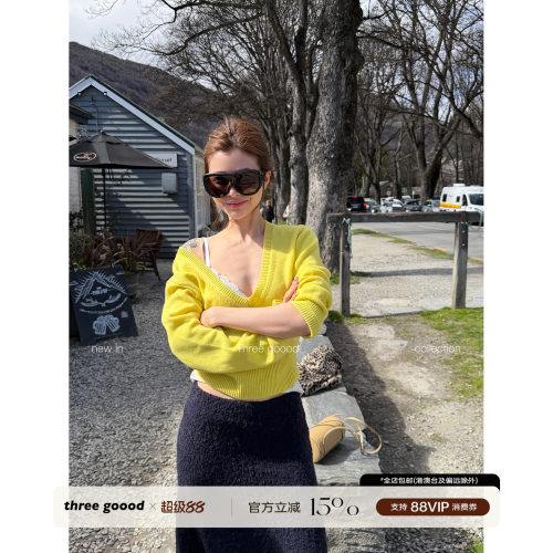 THREE GOOOD殷三吉 绵羊毛大V领毛织上衣女秋休闲慵懒百搭针织衫