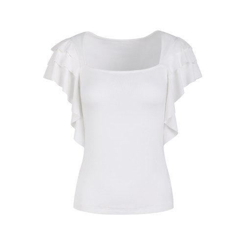 THREE GOOOD殷三吉银丝针织T恤方领荷叶边设计显瘦百搭上衣女