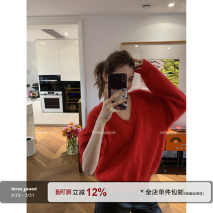 THREE 羊毛羊绒拉毛V领毛衣内搭针织上衣女宽松休闲 GOOOD殷三吉