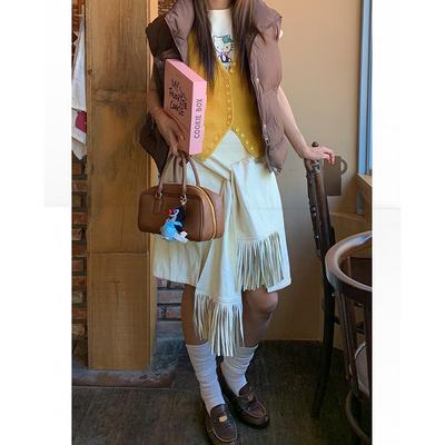 THREE GOOOD殷三吉【小岛微风】设计感流苏皮半裙女2025新款