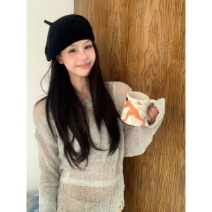 法式 慵懒风镂空长袖 性感针织衫 THREE 新款 三吉 女2025春季 GOOOD