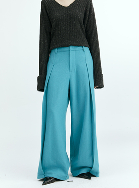 THREE GOOOD殷三吉 蓝水糖星宽松通勤风口袋活页毛呢裤 SK230814