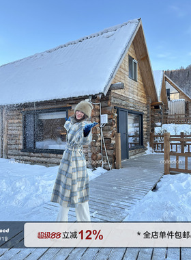 THREE GOOOD殷三吉 格子优质羊毛格纹韩版长款休闲大衣女毛呢外套