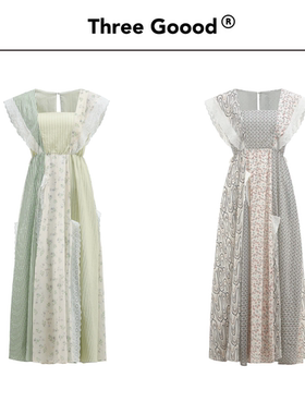 THREE GOOOD殷三吉拼色印花方领收腰连衣裙 SQ230198