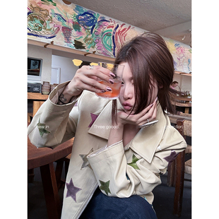 版 PU皮肌理感正肩修身 五角星贴布外套女冬上衣 GOOOD殷三吉 THREE