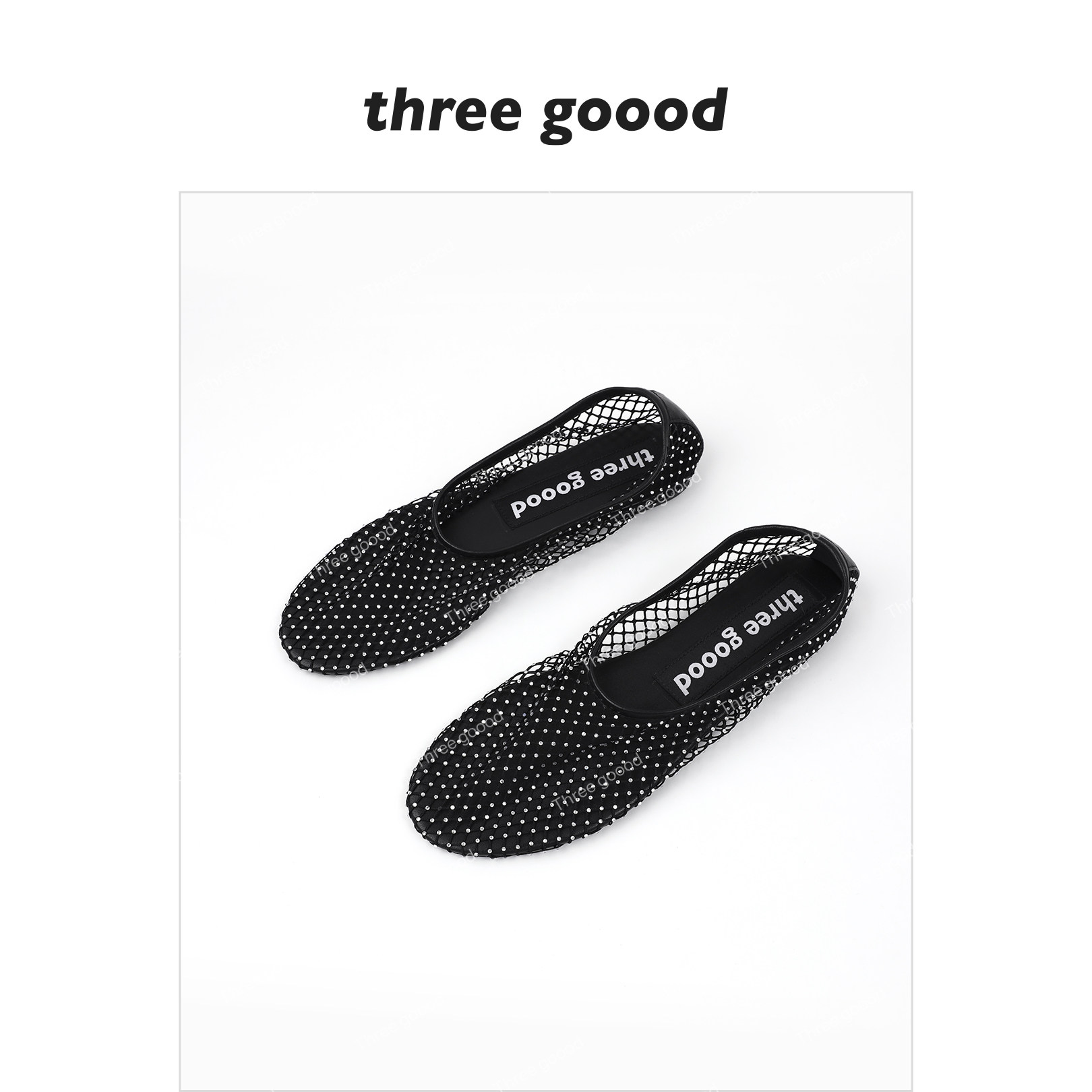 THREE GOOOD殷三吉镂空亮钻网面凉鞋头层羊皮透气软底百搭平底鞋