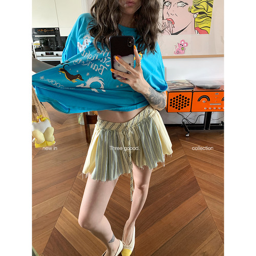 THREE GOOOD殷三吉 亚麻天丝条纹撞色拼接抽绳休闲短裤裙