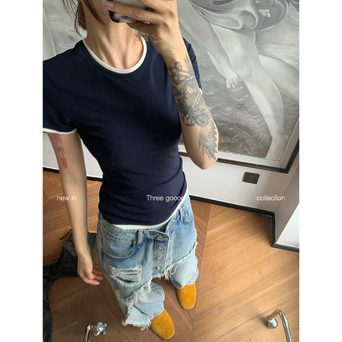 天丝针织简约百搭撞色修身T恤