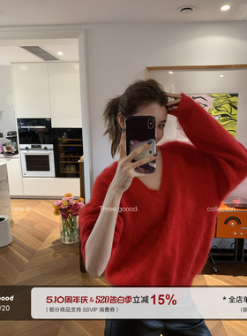 THREE GOOOD殷三吉 羊毛羊绒拉毛V领毛衣内搭针织上衣女宽松休闲