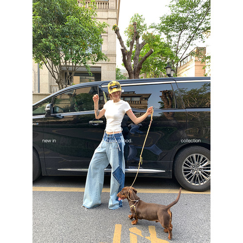 三吉重工拼接撞色牛仔裤