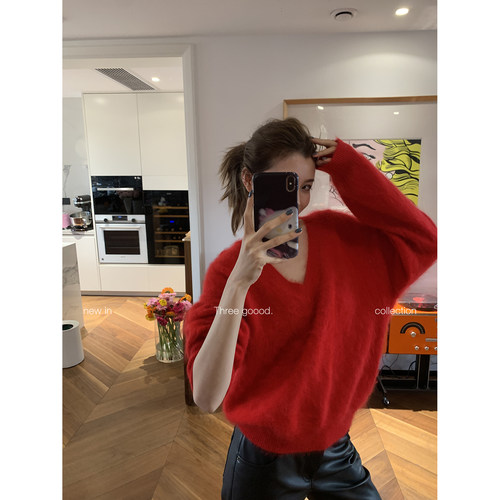 THREE GOOOD殷三吉 羊毛羊绒拉毛V领毛衣内搭针织上衣女宽松休闲