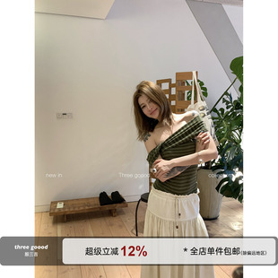 THREE 绿色条纹斜肩T恤 一字领褶皱修身 显瘦辣妹上衣 GOOOD殷三吉