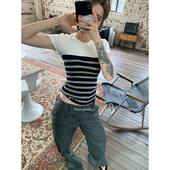 弹力显瘦针织拼毛织假两件短袖 THREE GOOOD殷三吉miu系修身 T恤上