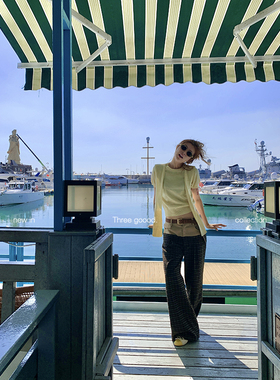 THREE GOOOD殷三吉 毛呢格子拼接休闲裤长裤独特设计师款