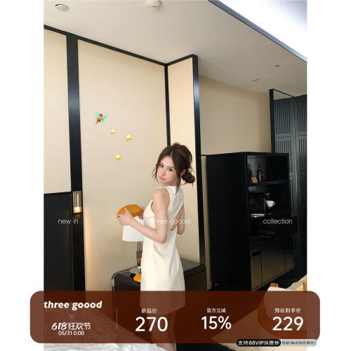 THREE GOOOD殷三吉 柔光哑光无袖短款蝴蝶结系带露背显瘦连衣裙