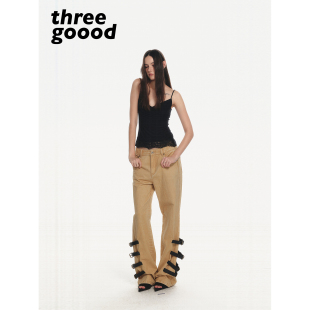 全棉水洗骨位层次脚口皮袢直筒牛仔裤 THREE GOOOD殷三吉