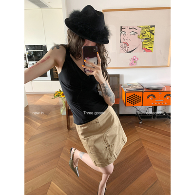 倒置腰头设计工装半身裙