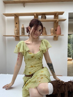 THREE 荷叶边连衣裙女2025裙子 GOOOD殷三吉 花溪蝶语甜美风活页袖