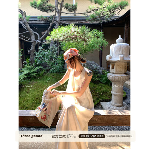 休闲背心棉麻U领交叠扭结连衣裙