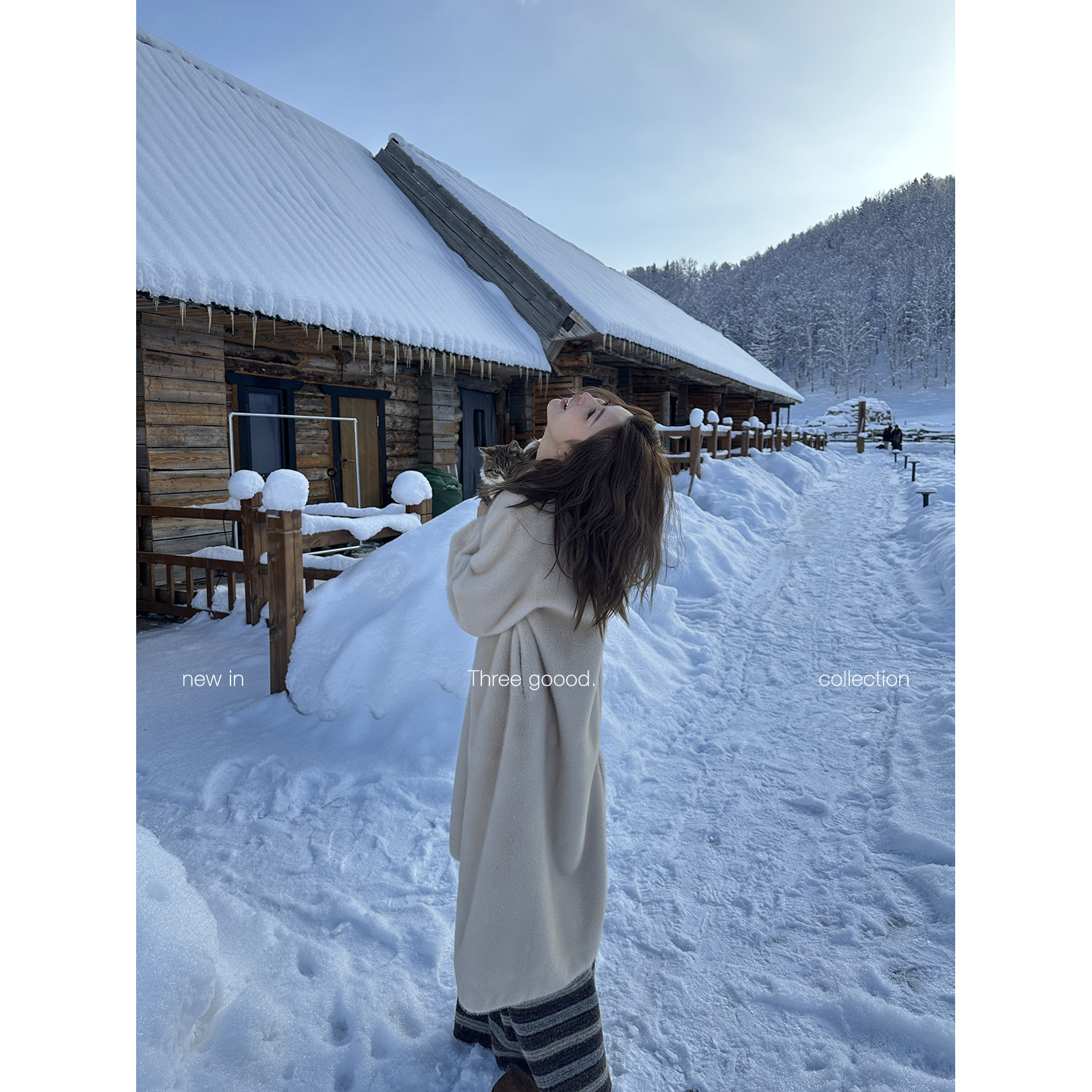 THREE GOOOD殷三吉 雪境奢调 高级感V领中长款环保毛仿皮草外套 - 封面