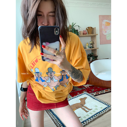 小猪图案印花复古印花大版T恤