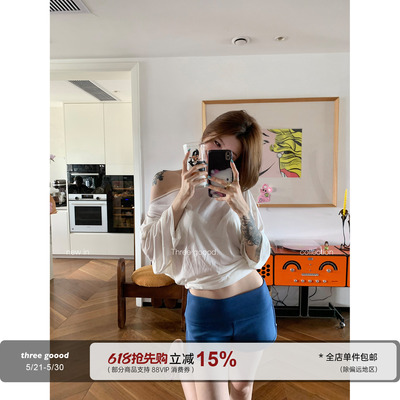 斜肩不规则卷边夏季宽松显瘦T恤