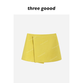 蓝调时刻 THREE GOOOD殷三吉 羊毛黄色毛呢A字半身裙短裙