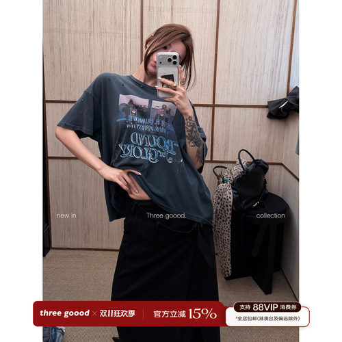 THREE GOOOD殷三吉 全棉美式做旧复古风斜肩宽松短袖印花短袖T恤
