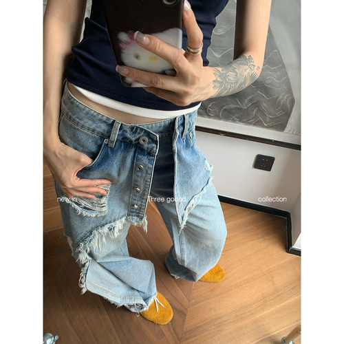 三吉不规则牛仔裤女设计感阔腿裤