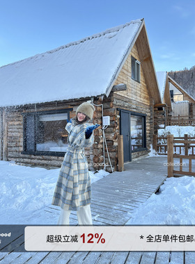 THREE GOOOD殷三吉 格子优质羊毛格纹韩版长款休闲大衣女毛呢外套