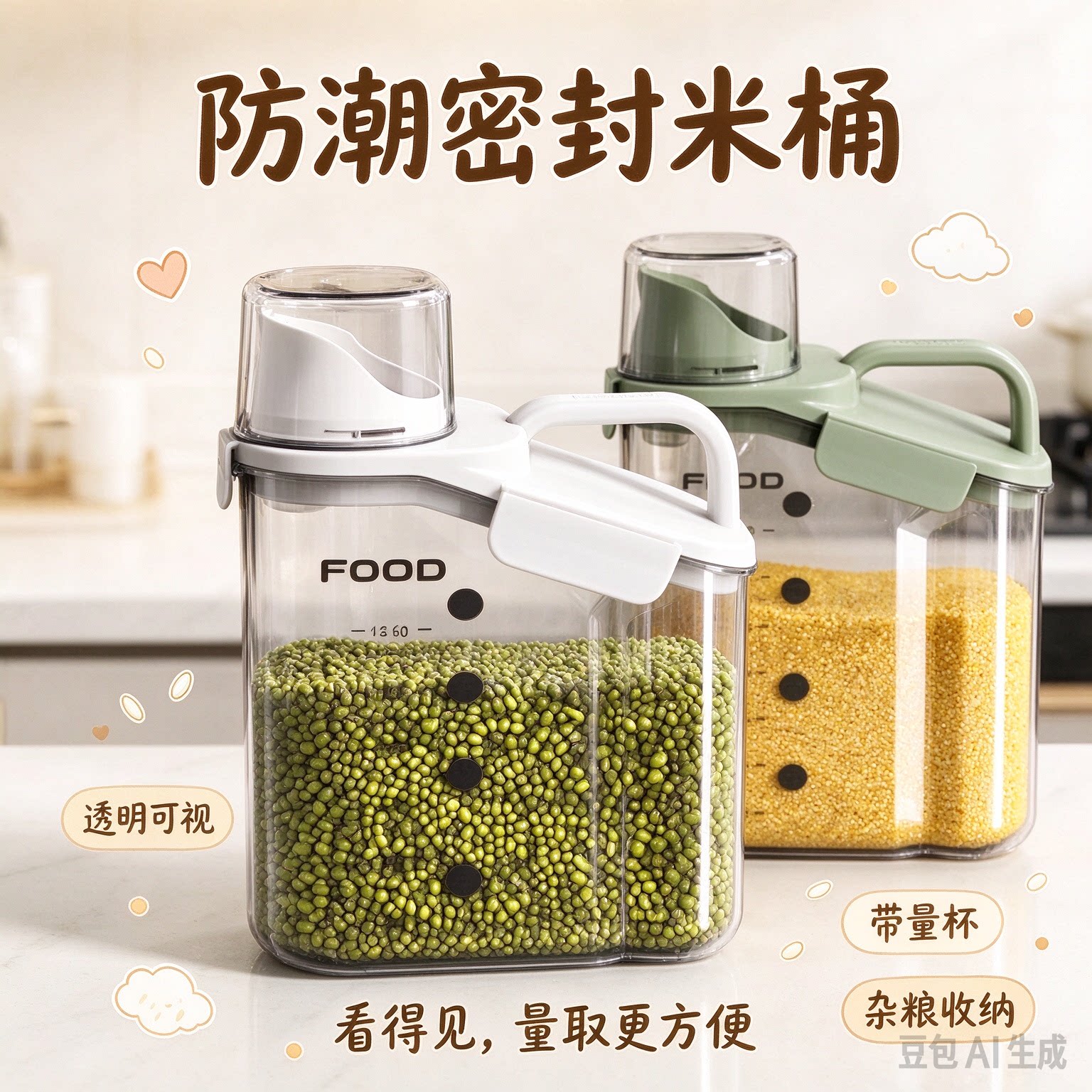 防潮密封米桶 家用杂粮收纳盒 透明米箱带量杯 厨房大米储存罐