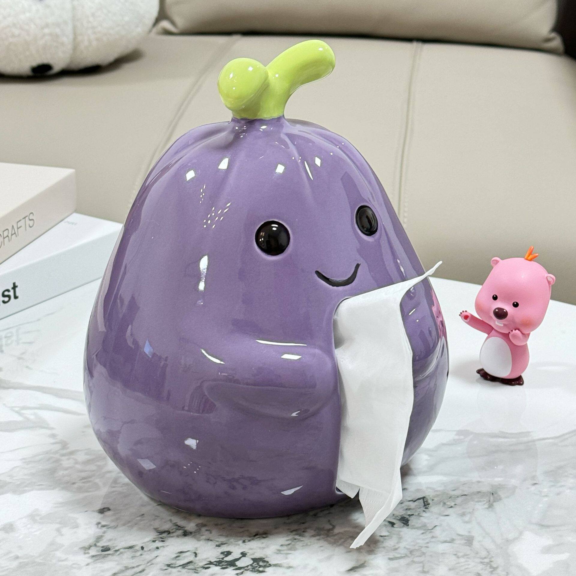 可爱茄子纸巾盒创意卡通抽纸盒家用客厅桌面装饰摆件陶瓷餐巾纸盒