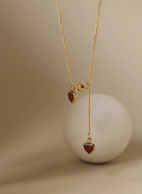 法式可抽拉酒红小爱心流苏可调节项链女锁骨链时尚气质高级感钛钢