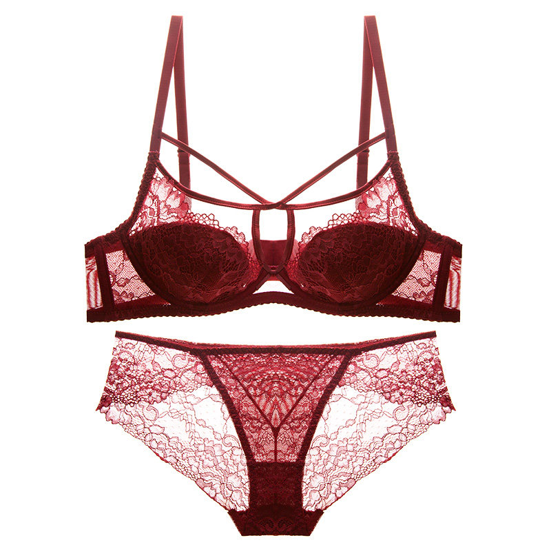 性感惑大码超薄款交叉细绑带聚拢大胸显小蕾丝文胸罩白色细肩带女