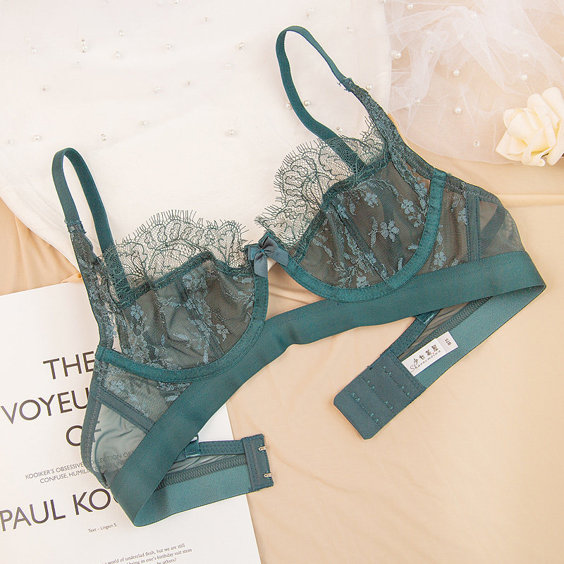 少女美屋超薄款全透明性感蕾丝文胸罩女士透视内衣墨绿色大码bra