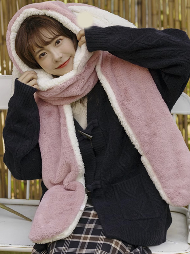 한국식 겨울 일본식 학생 머플러 장갑 모자 귀여운 토끼 사이클링과 보온성을 유지하는 벨벳이 포함된 3피스 세트