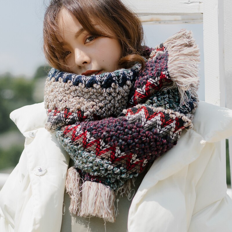 民族风复古文艺冬天保暖针织粗毛线围巾女学生韩版百搭网红流苏长