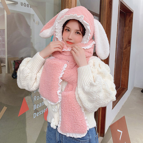 卡通风兔耳朵加绒防寒围巾手套