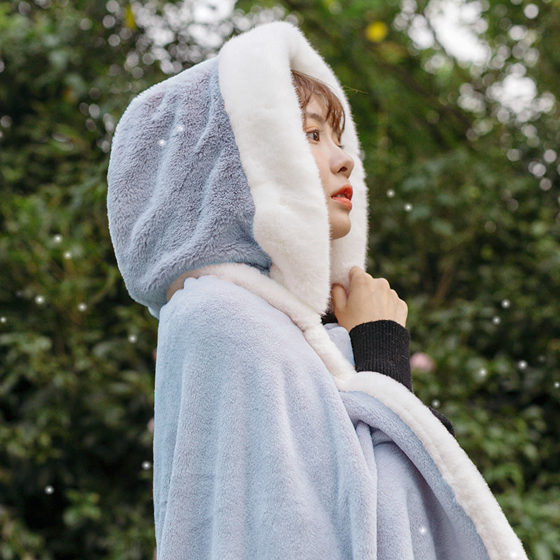 珊瑚绒加厚保暖全身懒人斗篷披肩毛毯子女生毛绒披风办公室午睡冬