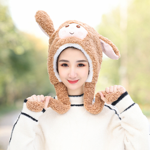 羊羔毛卡通可爱耳罩小羊保暖同款 帽子少通加厚护耳 网红耳朵会动