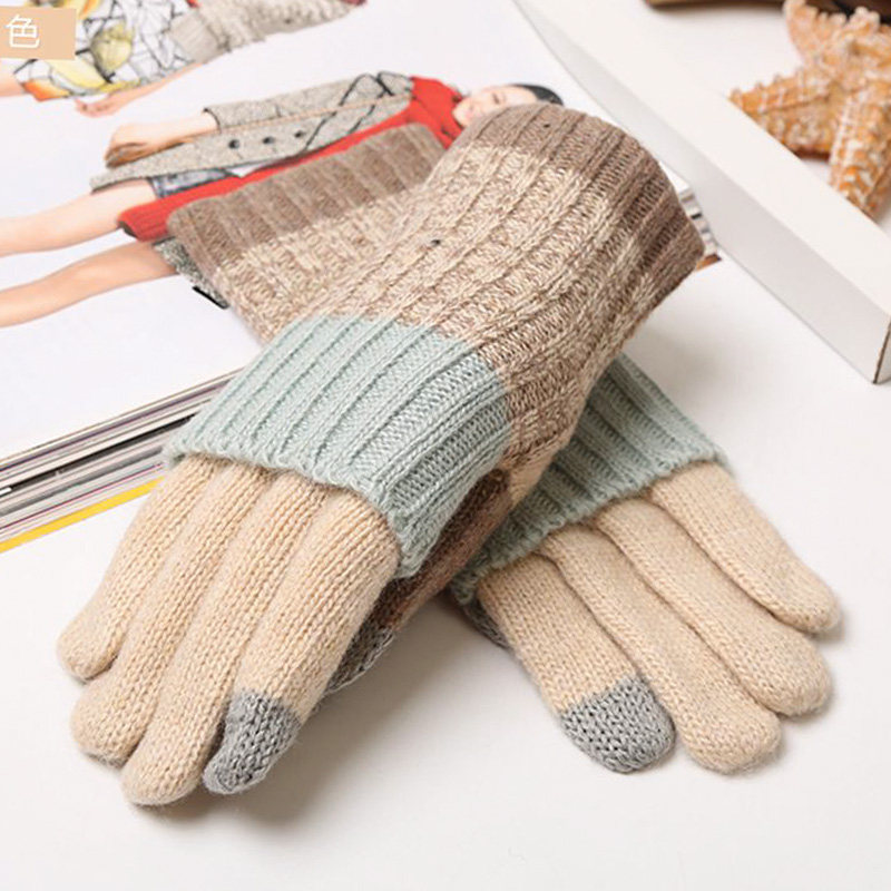 韩版秋冬季保暖触屏毛线手套女学生拼色长款分指针织可折叠袖套薄