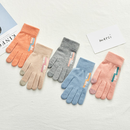 日系保暖可爱毛线针织手套冬季女ins韩版五指可触屏冬天防寒骑行